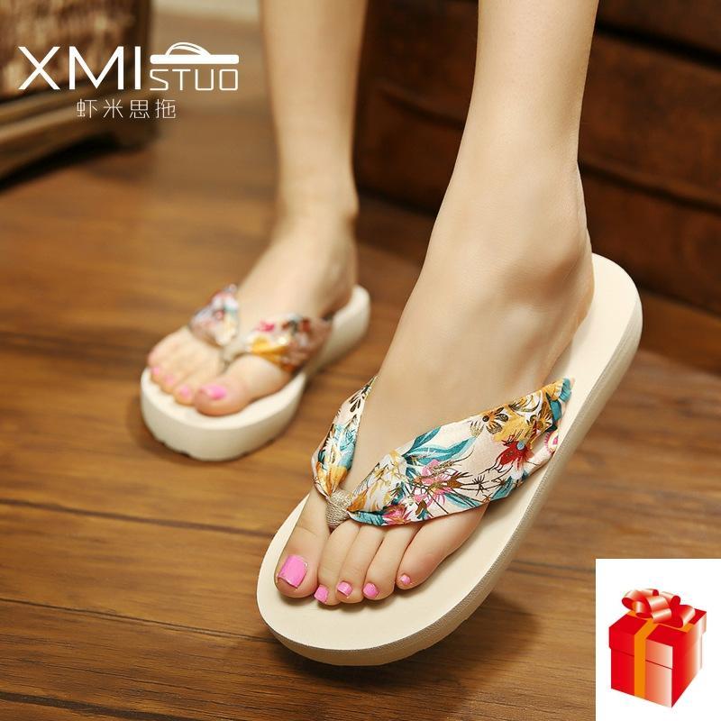 

Slippers Summer Bohemian Satin Slope Heel Beach Women's Comfortable Candy Color Soft Anti-skid Flip Flops Home, Black