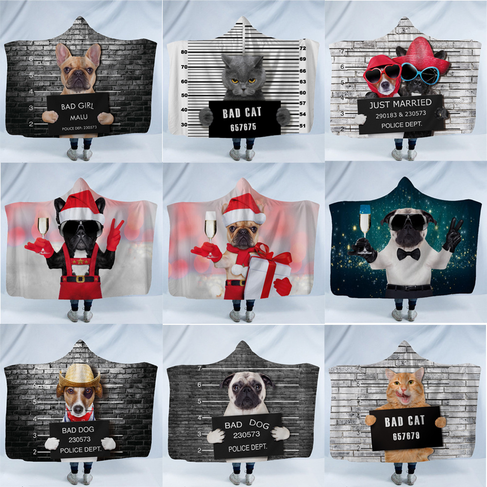 

Child Adults Bad Animals Blanket Sherpa Fleece Home Warm Crazy Dog Cats Printed Hooded Blankets Wearable Children Kids Gift