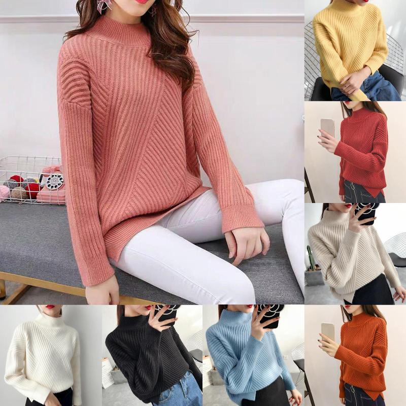 

Women's Sweaters Autumn Winter Women Solid Color Mock Neck Stripe Rib Warm Knitted Sweater Jumpers, Black