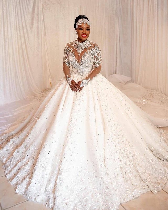 

2021 Plus Size Arabic Aso Ebi Luxurious Beaded Crystals Wedding Dresses Sheer Neck Lace Bridal Dresses Sexy Wedding Gowns ZJ645, Ivory