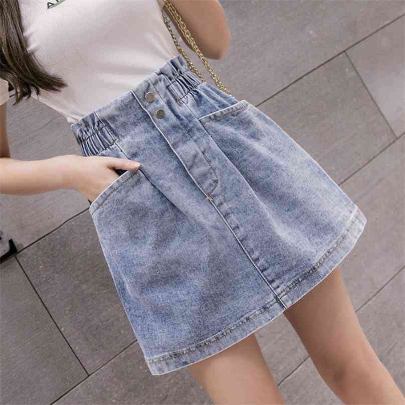 

Elastic High Waist Denim Skirt Woman Skirts Mini Jean Pockets Casual Streetwear Female A-line Sexy Black 210629, Light blue