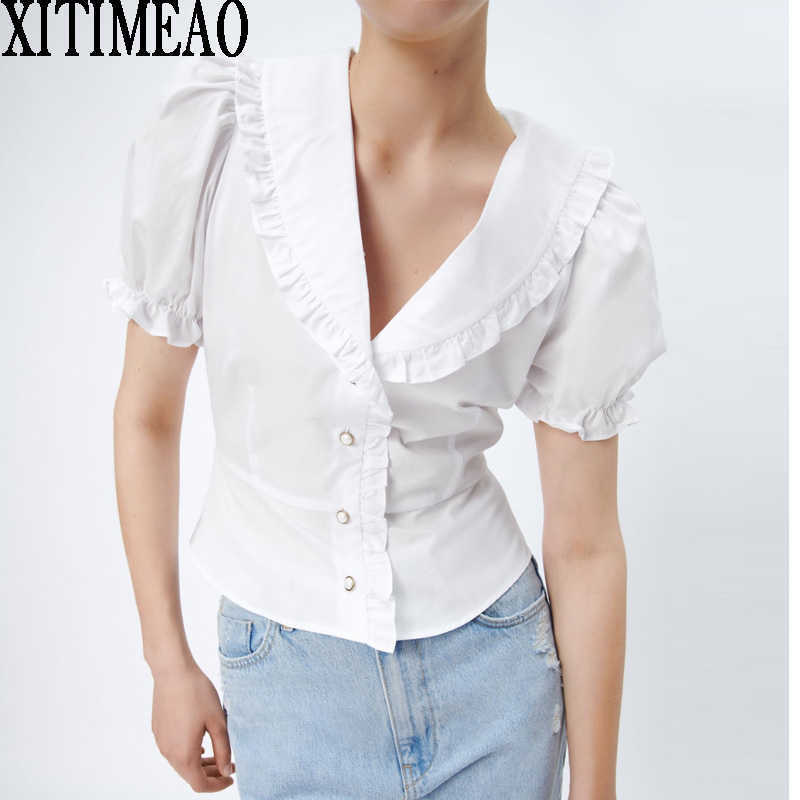 

Za Women Sweet Fashion Retro Solid Color Blouses Vintage V Neck Puff Short Sleeve Shirt Slim Female Chic Tops 210604, Blue