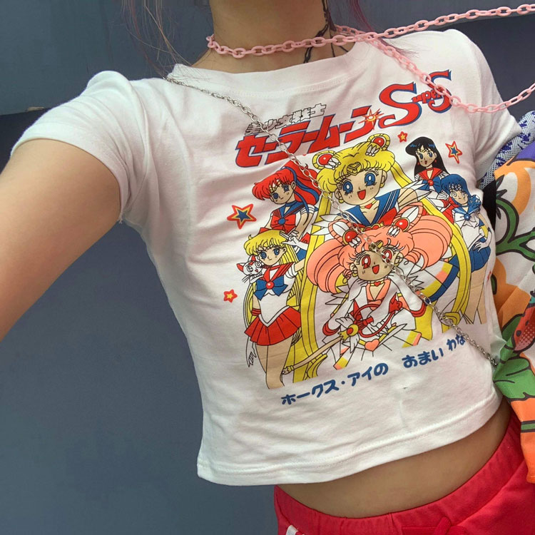 

sailor moon Print Harajuku goth Female women t-shirts Kawaii Short Anime T Shirt HipHop Summer Women Streetwear crop Tops y2k NVTX37002, White