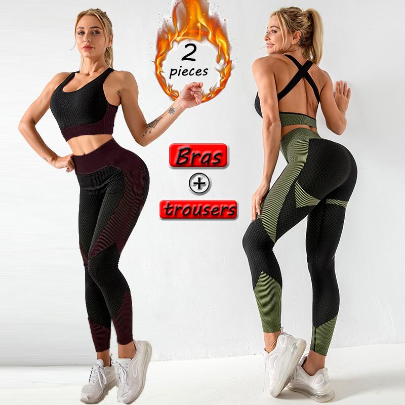 

New Seamless Women Yoga Set Workout Sportswear Gym Clothing Fitness Long Sleeve Crop Top High Waist Leggings 2PCS Sports Suits, Bra pants