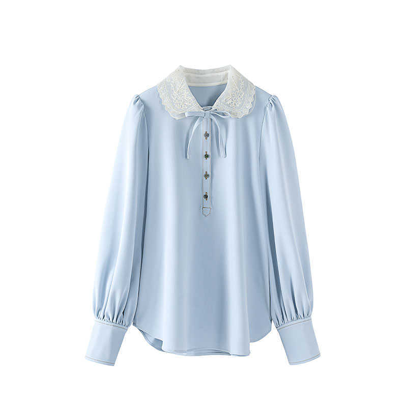 

Spring Summer Peter Pan Collar Bow Lace Full Thin Casual Shirt Top Women 210615, Blue