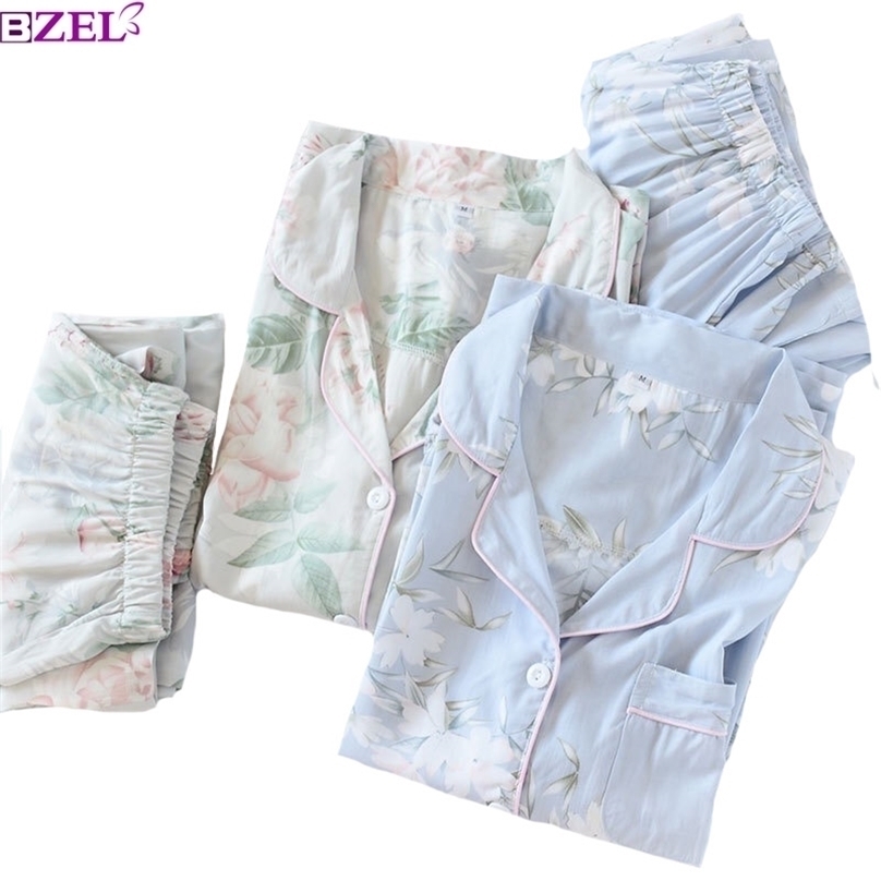 

Spring Ladies Pajamas Set Floral Printed Soft Sleepwear Cotton Simple Style Women Long Sleeve+Pants 2Piece Homewear 211109, 131