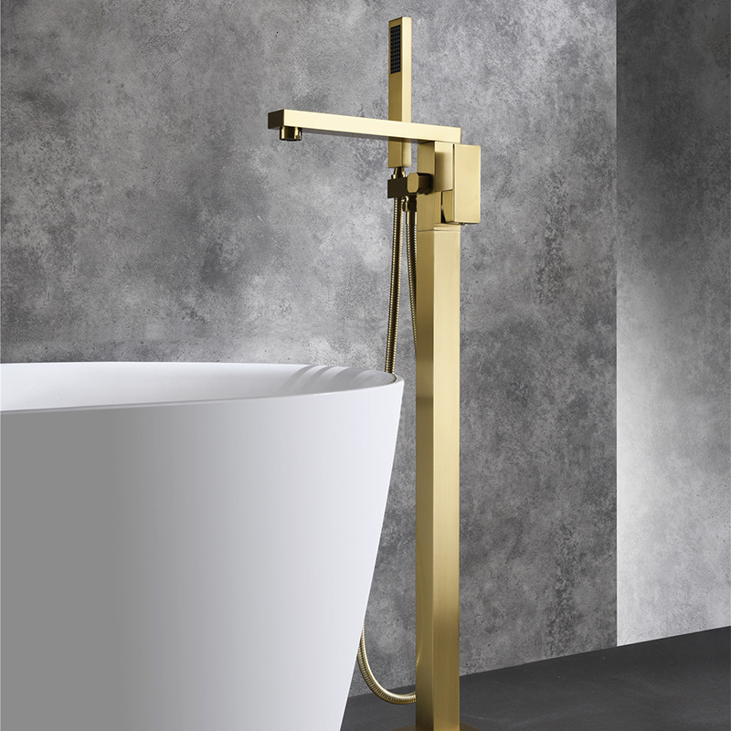 

2021 New Bathroom Faucet + Handheld Shower Free Standing Brushed Gold Luxury Bathtub Mixer Taps Floor Mounted 1k0q