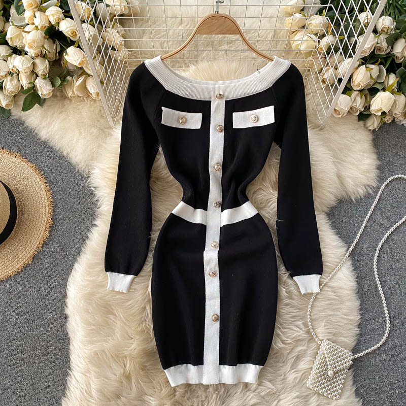 

New design women's fashion sexy elegant single breasted patchwork long sleeve slash neck knitted pencil dress color block short dress, Black;gray