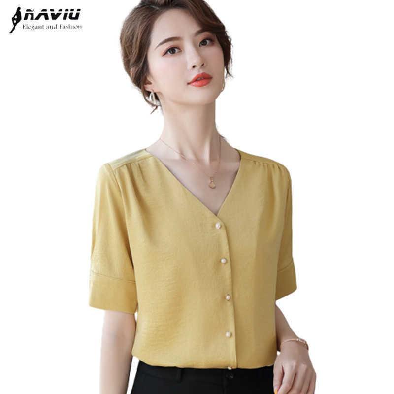 

Yellow Professional Chiffon Short Sleeve Shirt Women Summer V Neck Temperament Loose Blouses Office Ladies Fashion Work Tops 210604, White