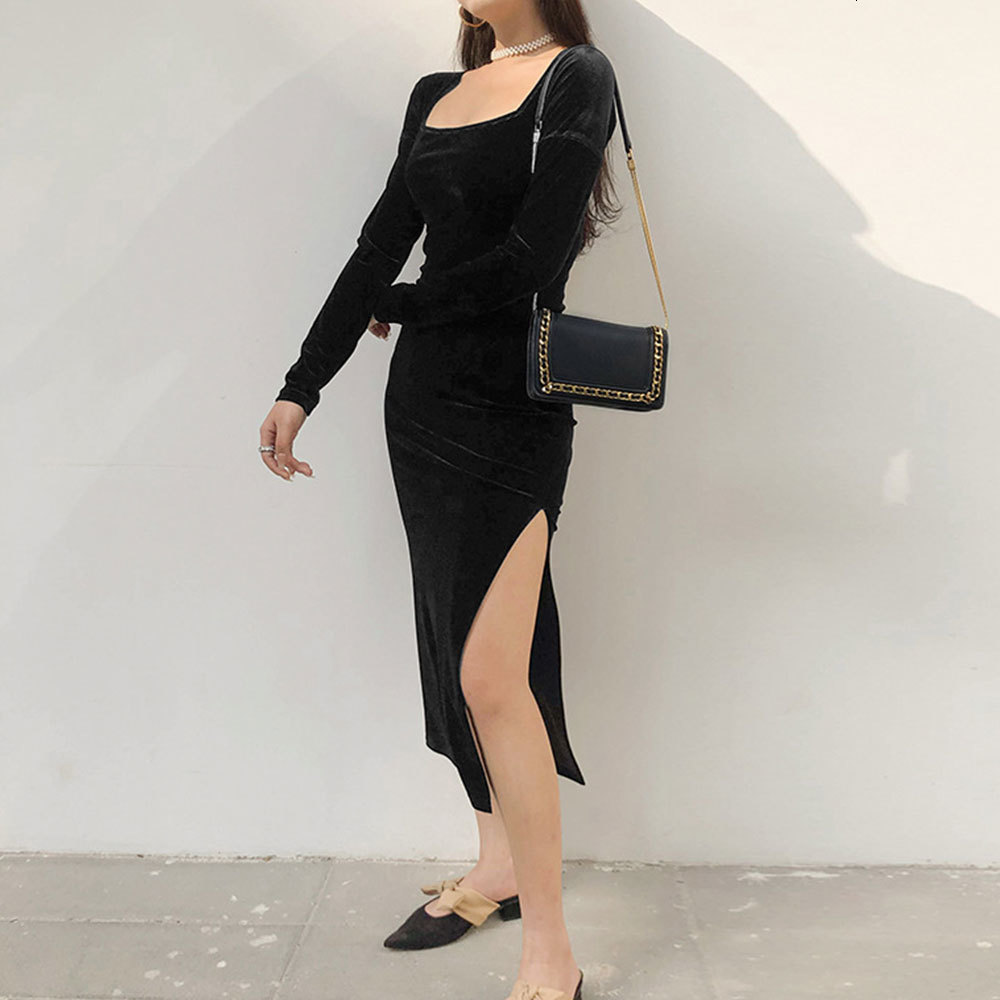 

New Vintage Women' Square Collar Veet Long Sleeve High Waist Slim Sexy Slit Evening Party Female Street Wear 2021 Ubs4, As photo