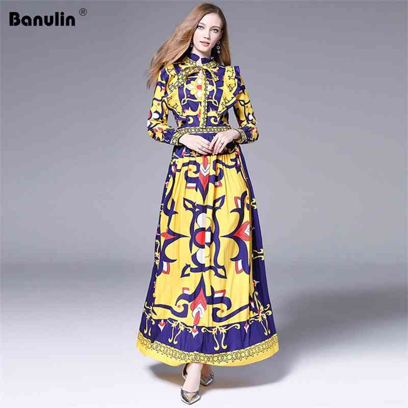 

Banulin Fashion Autumn Runway Long Sleeve Dress Women's Floral Printed Ruffles Bow Tie Pleated robe ete femme 210603, Design and color