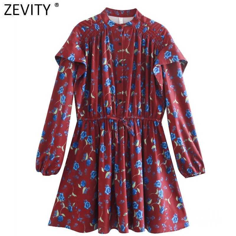 

Zevity Women Vintage O Neck Floral Print Ruffles Mini Dress Female Chic Elastic Waist Casual Slim A Line Vestido DS5061 210603, As pic ds5061ww
