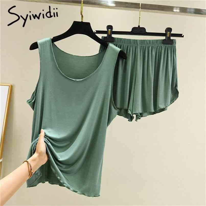 

2 Piece Short Sets Tracksuits Women Modal Stretch Outfits Oversized Tank Top Sweatshirt Jogger Elastic Waist Summer 210607, Fluorescent green