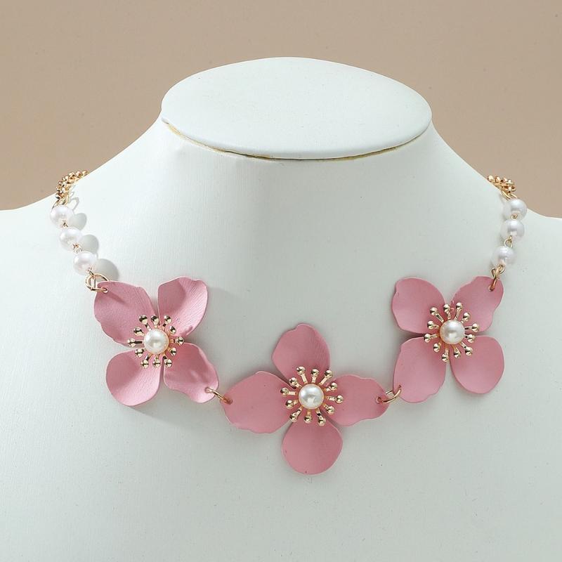 

Chokers Product Fashion Simple Pink Pearl Flower Necklace Korean Version Ins Metal Clavicle Chain Choker Necklaces Female Jewellery