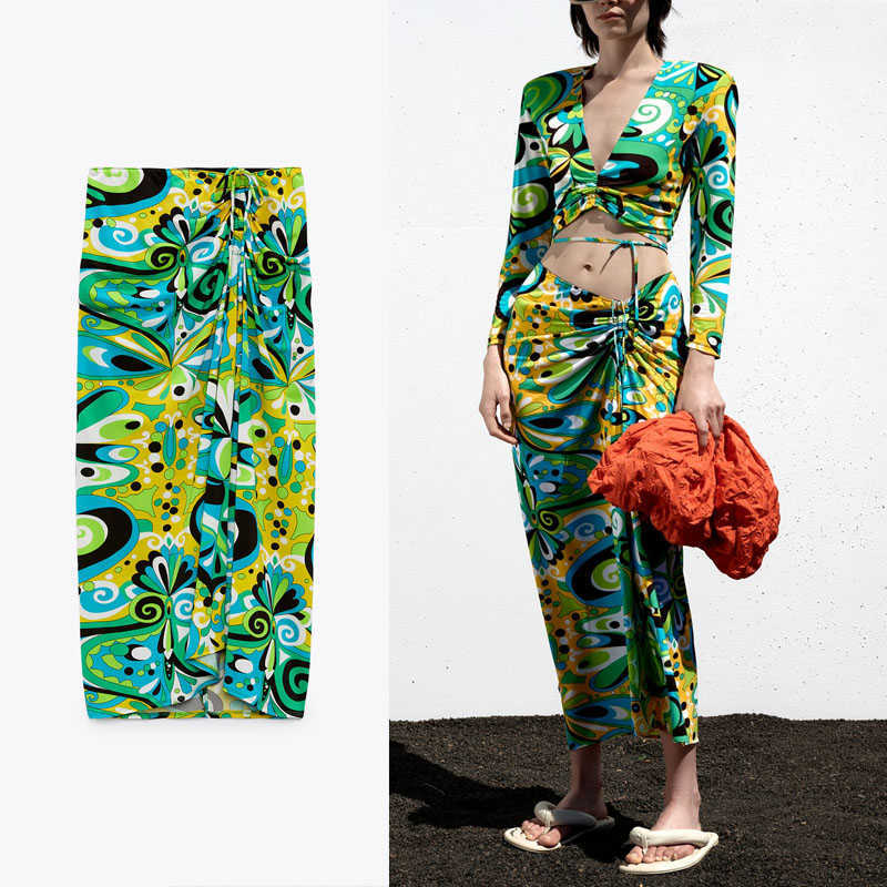 

Za Draped Floral Print High Waist Skirt Women Elastic Waist Drawstring Ruching Skirt Woman Summer Front Slit Green Skirts 210602