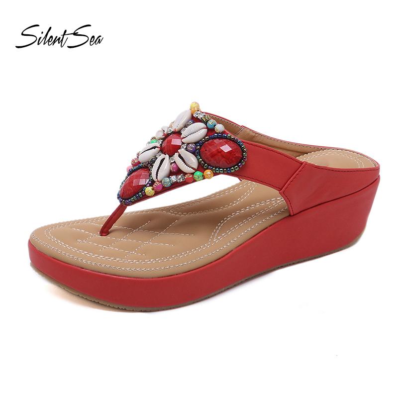 

Slippers Silentsea Summer Shoes Woman Beach Sandals Gemstone Floral Beaded Flip Flops Bohemia Ladies Causal Flat Sandal, Black