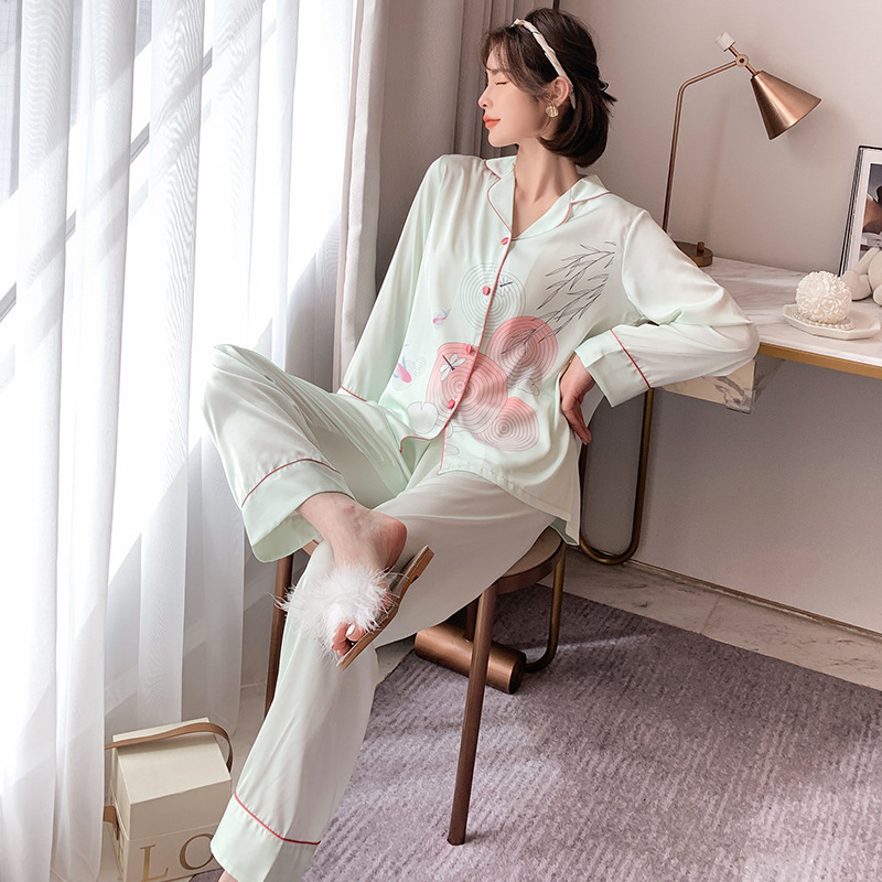 

Lady 2pcs Faux Silk Pajamas Suit Spring New Home Wear Collar Shirt&pant Nightwear Ink Painting Sleepwear 5ggs, Color-1