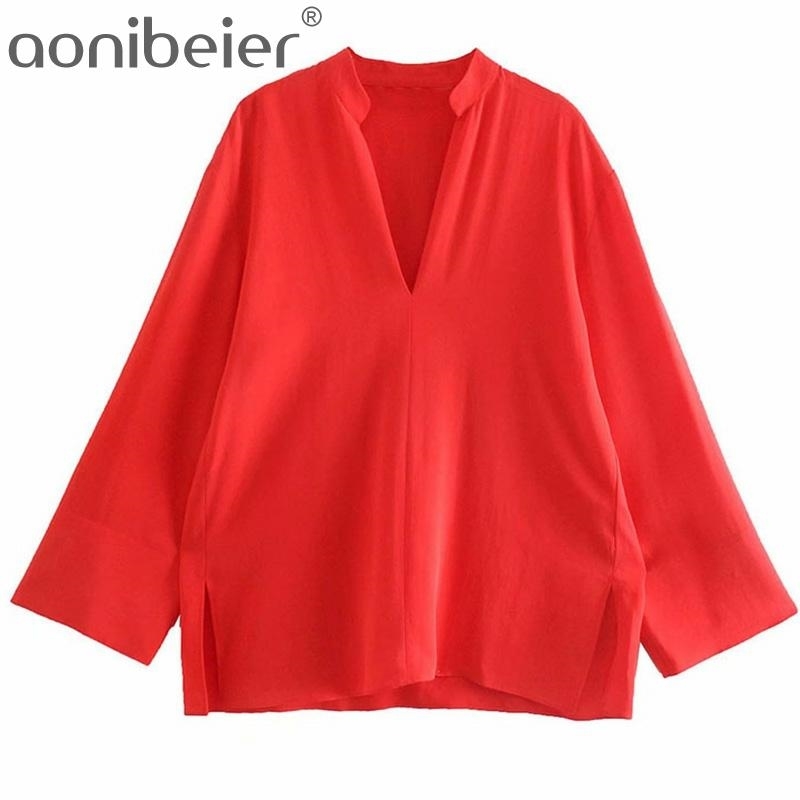 

Red Loose Tops Summer Fashion Drop Shoulder V Neck Slit Side Women Casual Blouses Female Wrist Sleeve Pullovers 210604