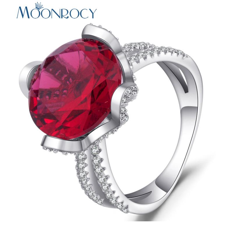 

Wedding Rings MOONROCY CZ Rose Red Crystal Silver Color Party Ring For Women Girls Trendy Gift Drop Jewelry Wholesale