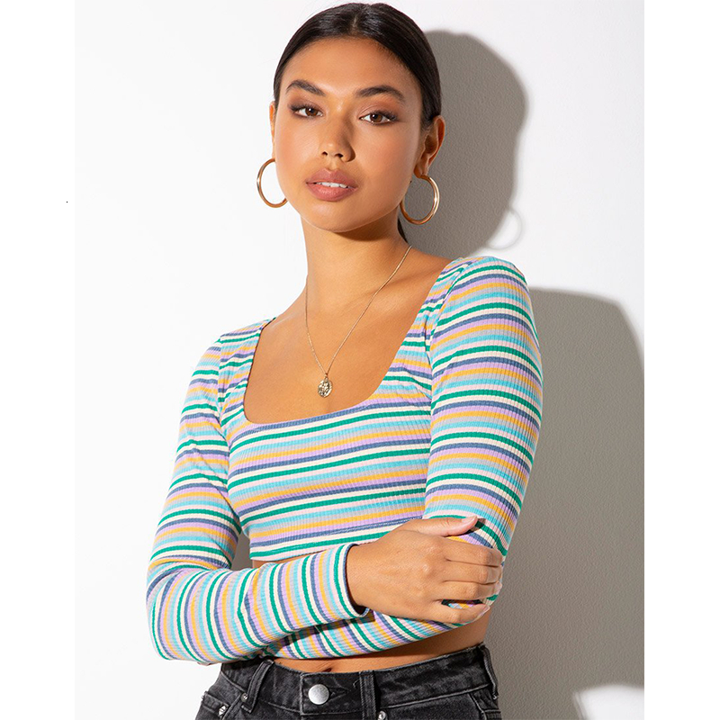 

2021 Elegant Square Collar Long Sleeve Shirt Vintage Blue Green Striped Cotton Crop Top Short Tshirt Women Autumn New Sexy K63w