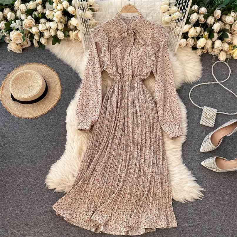 

spring summer floral print chiffon dress women bow collar long sleeve ruffles vintage midi elastic waist pleated 210603, Apricot