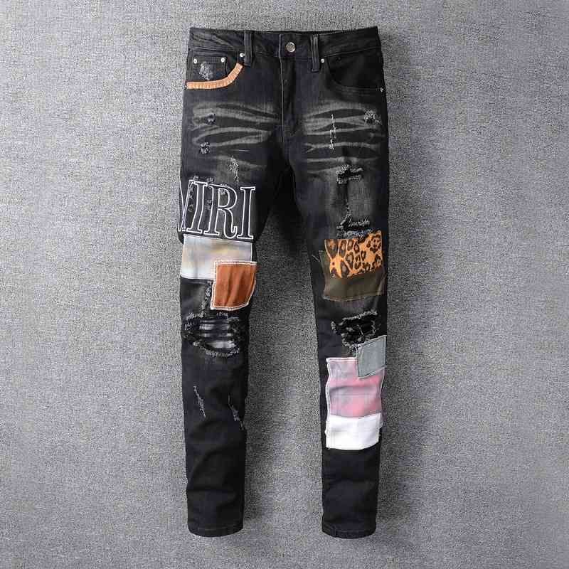 

men's jeans calÃ§as de brim dos homens da moda rua alta nova marca preta remendo bordado estiramento magro ajuste jeans do verÃ£o 8a2o, Blue