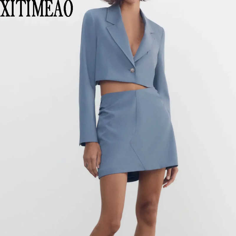 

ZA Women Fashion High Waist Short Suit Coat Vintage Female Outerwear Bag Hip Skirt 2-piece Set XITIMEAO 210604