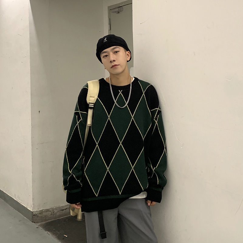 

2021 New Winter Plaid Sweater Men's Warmth Fashion Retro Casual Knitted Pullover Men Wild Knitting Sweaters Mens Clothes Znty, Black