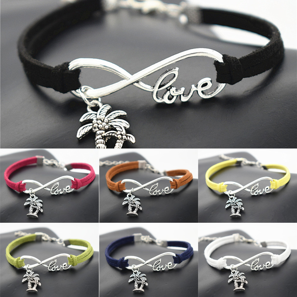 

Fashion Summer Beach Vintage Plant Antique Infinity Love Double Coconut Palm Tree Charm Leather Bracelets Gifts Jewelry, Golden;silver