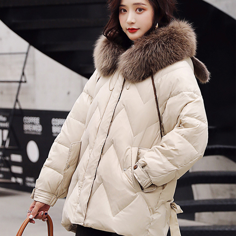 

2021 New Winter Women Rabbit Ear Hood Loose Parkas Natural Fur Collar 90% White Duck Down Coat Thick Warm Oversize Outwear, Black