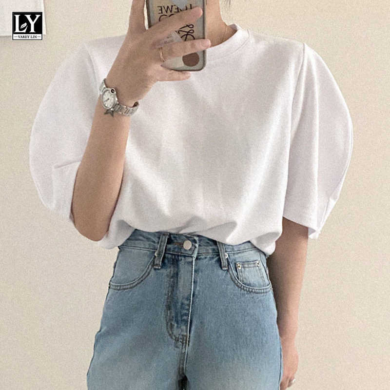 

LY VAREY LIN Summer Women O-neck Short Sleeve T-shirt Tops Casual Solid Color Puff Shirt Loose Simple 210526, White