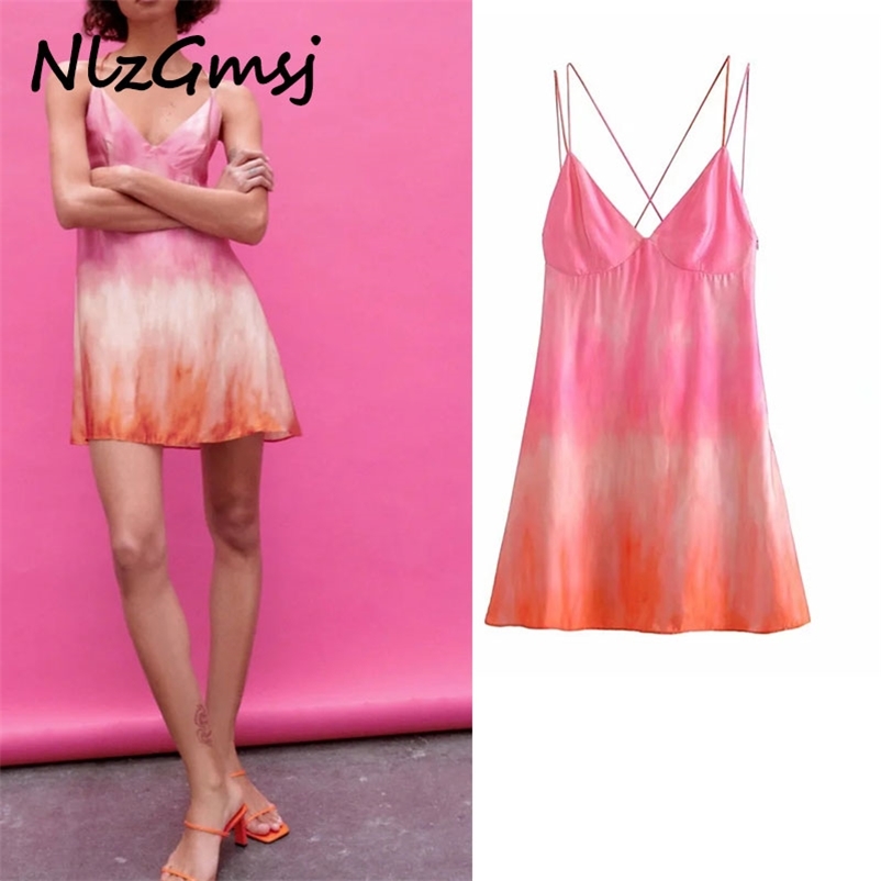 

Tie Dye Print Sling Sexy Dres V Neck Sleeveless Satin Chiffon Robe High Waist A-line Mini Summer 05 210628, As picture