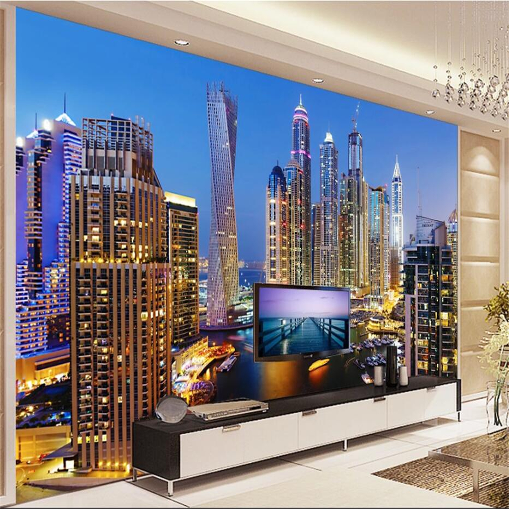 

Customized large murals, stylish home decoration, beautiful Dubai night view, living room TV background wall wallpaper, Blue