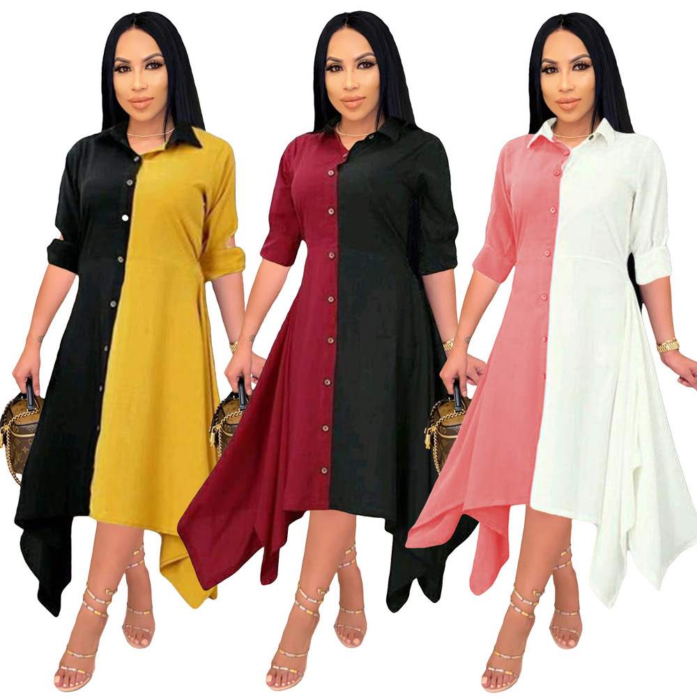 

Contrast Color Patchwork Irregular Long Dress Woman Turn Down Collar Full Sleeve Shirt Dresses Office Lady Button Blouse Dress, Pink