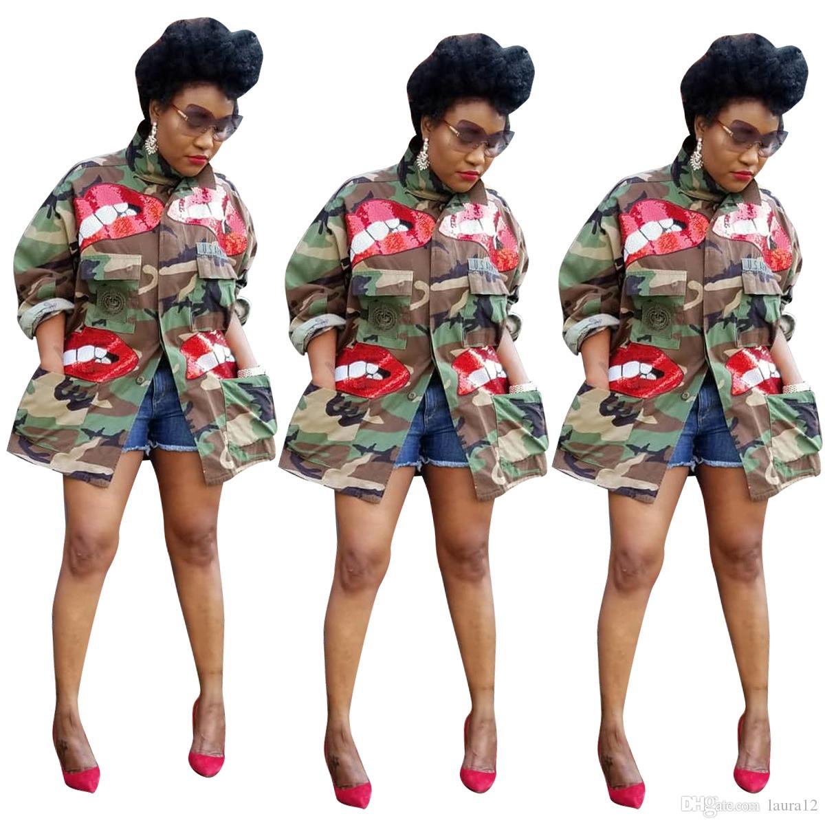 

QNPQYX New Autumn Women Camouflage Coats Red Sequins Cute Pattern Long Sleeves Big Pockets Fashion Lady Jackets Casual Coats outwear, Army green