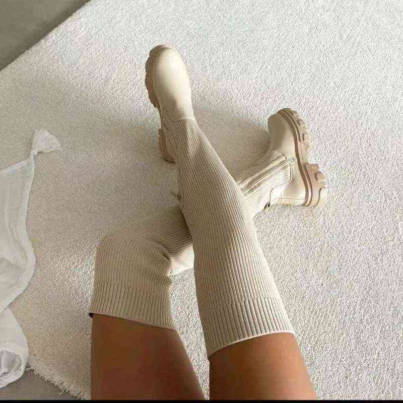 

NEW Knee-high Boots Women Autumn Winter Shoes Thick Heel Slim Stretch Sock Boots Lady Platform Long Boots Female Botas De Mujer H1116, Beige