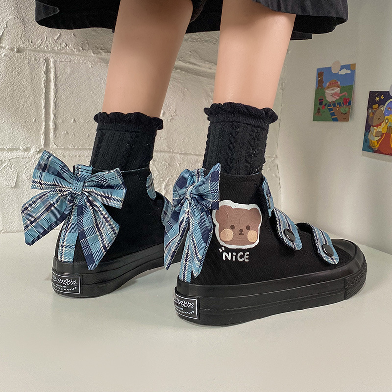 

Beautiful Sweet Girls Tall Bear Top Jk Canvas Women's Shoes 2021 New Mori Japanese Girl Velcro Bowknot Lolita Black Goth Ydyc