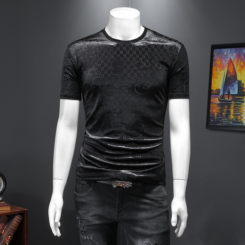 

2021 autumn new velvet short-sleeved round neck T-shirt high-end embossed sexy top Slim bottoming shirt, Black