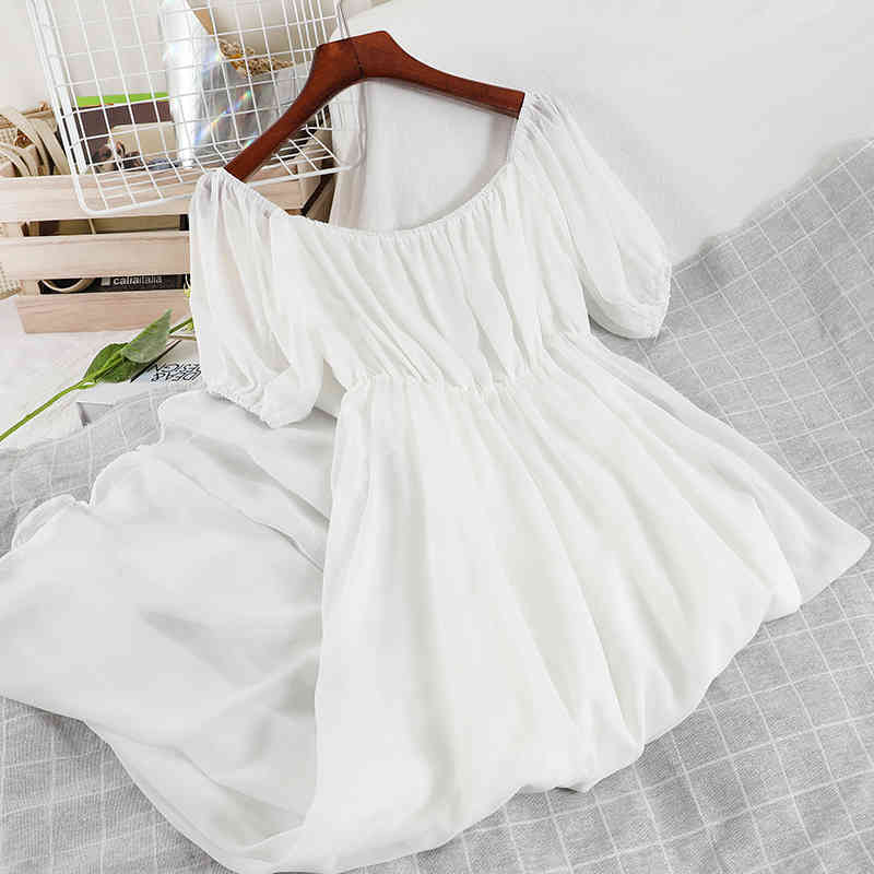 

Summer Arrivals Solid Color Short Sleeve Slash Collar Off Shoulder Fashion Women Chiffon Long Dress MZ931 210525, White