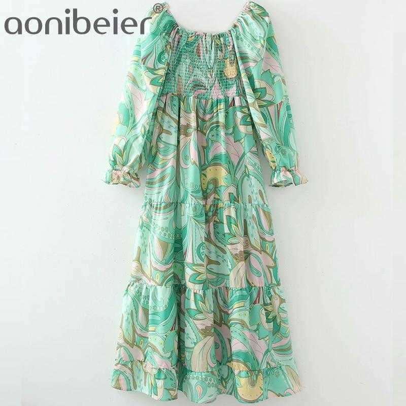 

Green Printed Summer Puff Sleeve Shirred Top High Waist Casual Skater Dress Square Collar Women Tiered Midi 210604, 02