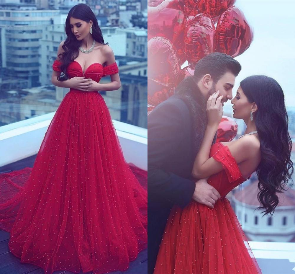 

2021 New Saidmhamad Saudi Arabia Off the Shoulder Red Crystals Pearl Beading Prom Sexy Sweetheart Evening Gowns Party Es Zlmn