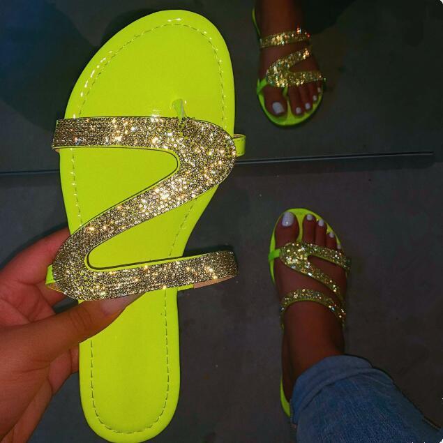 

2021 spring/summer female fashion S-shaped rhinestone outdoor beach shoes slippers sandals crystal buckle ladies flip-flops, Blue