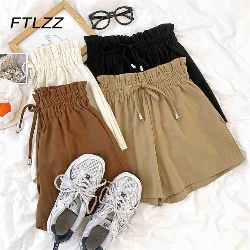 

Woman Casual Ruffles Shorts Summer High Waisted Bandage Elastic Waist Korean Black Bottoms 210525, Coffee