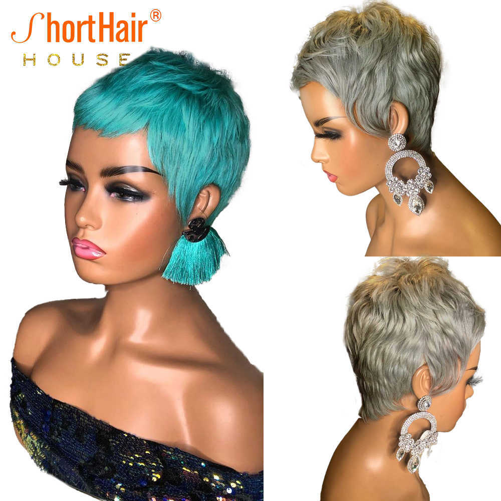 

Silver Grey Pixie Short Cut Bob Wig 100% Human Hair Wigs For Women Jewelry Blue Wave Wavy Wigs Full Machine No Lace Front Wigs S0826, Ombre color