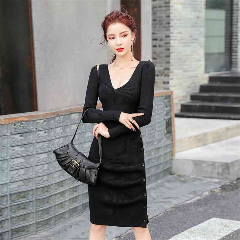 

Make firm offers in the fall and winter long knitting v-neck sleeve button render bag hip skirt 210602, Black