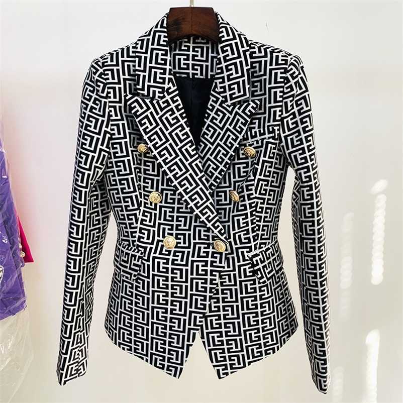 

HIGH STREET est Designer Jacket Women' Double Breasted Lion Buttons Geometrical Jacquard Blazer 211222, Black