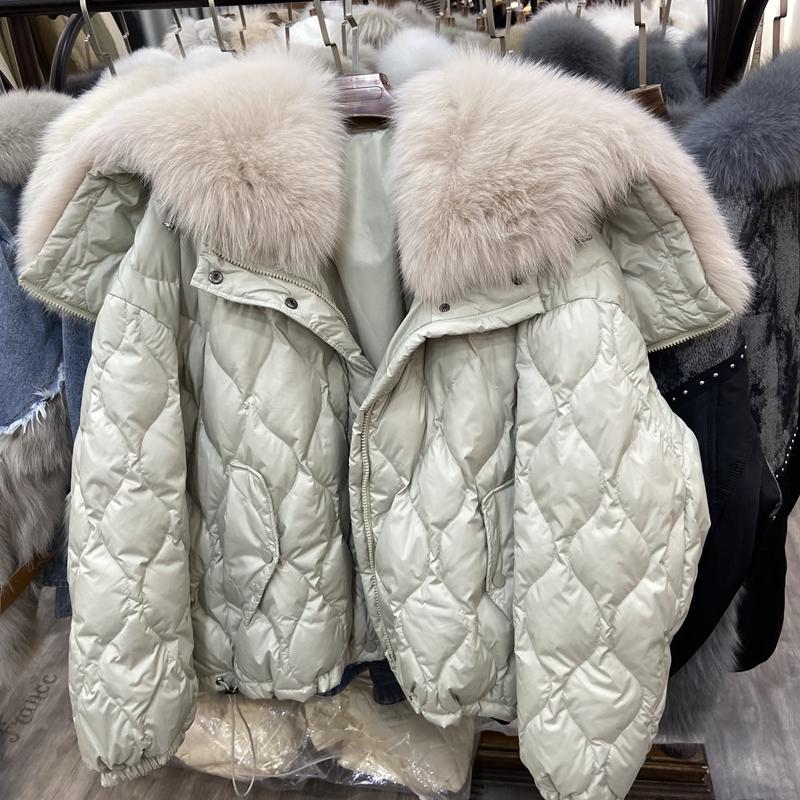 

Women's Fur & Faux 2021 Large Loose Size Women White Duck Down Coats With Big Real Collar Black Green Parka Hooded Winter Female Plus