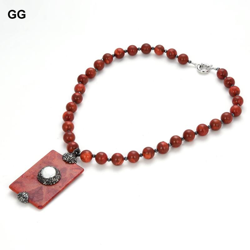 

Pendant Necklaces GuaiGuai Jewelry 12mm Red Spongy Coral Round Necklace Rectangle And White Coin Pearl 20"