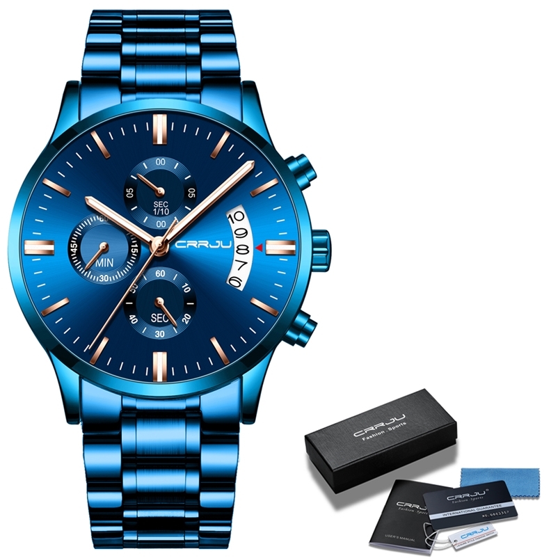 

Men Watch CRRJU Top Brand Stainless Steel Waterproof Chronograph Watches Mens Business Blue Quartz Wristwatch reloj hombre 210608, Black blue silver