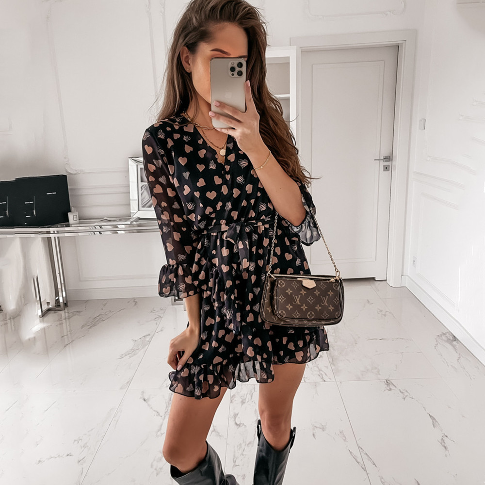 

New 2021 Spring Summer Three-quarter Sleeve Print Love Women Sexy v Neck Lace Up A-line Ruffle Mini Office Lady Femme 5n75, Apricot love